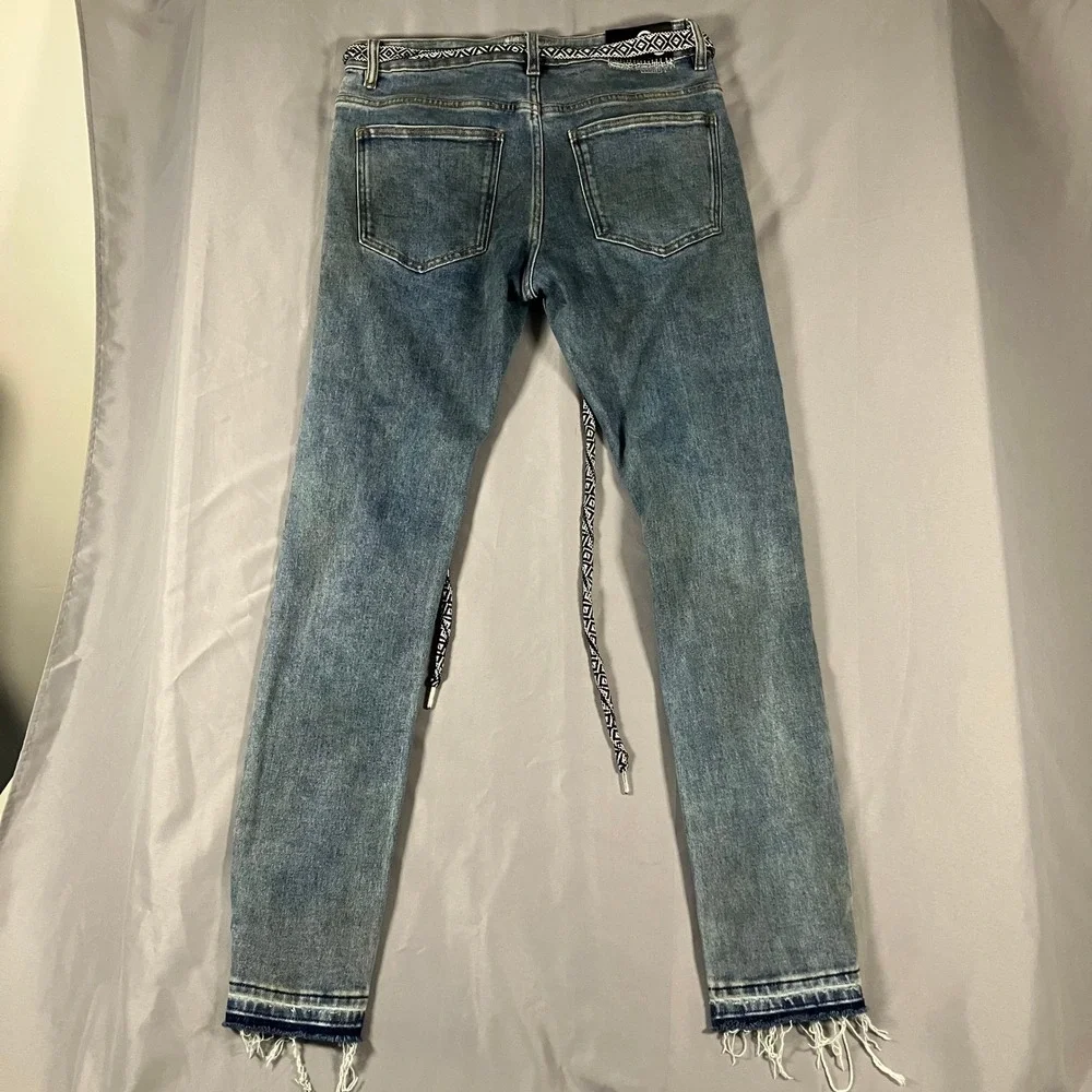 Lifted Anchors Mens 32 Distressed Jeans Customized Tribal Belt LFOD Blue Denim